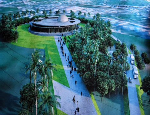 Mô phỏng Tổ hợp không gian khoa học theo thiết kế khối nhà tròn hài hòa với cảnh quan của Kiến trúc sư Jean Francois Milou, Tổng Giám đốc Công ty Studio Milou (Singapore). Ảnh: Trí Tín.