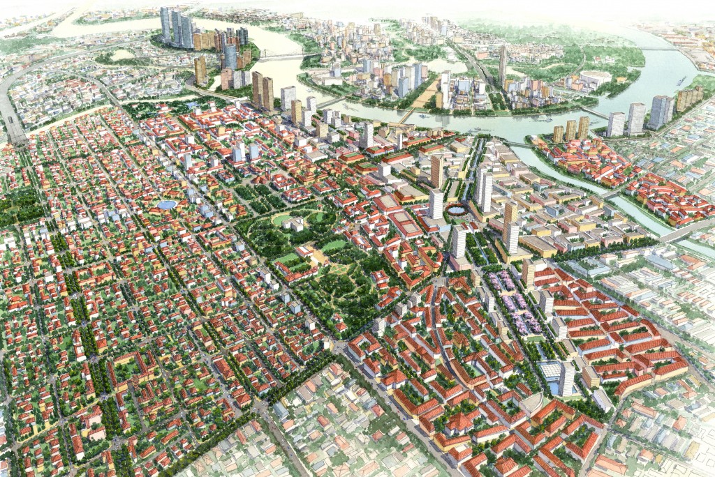 Ý tưởng thiết kế đô thị đề xuất (Phối cảnh nhìn từ trên cao của Khu vực quy hoạch)