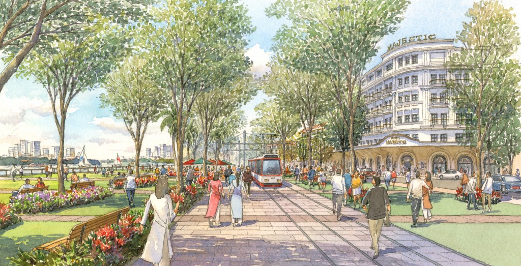 Ý tưởng thiết kế đô thị đề xuất (Không gian dành cho người đi bộ cùng hệ thống LRT - Vận tải đường sắt hạng nhẹ)