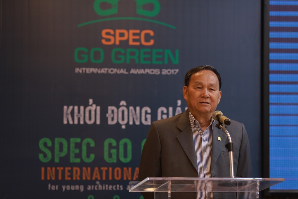 Ông Nguyễn Tấn Vạn, Chủ tịch Hội Kiến trúc sư Việt Nam phát biểu trong buổi phát động giải thưởng Spec Go Green International Awards 2017