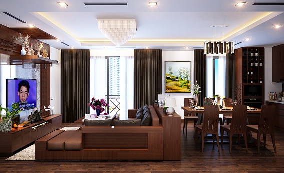 Phòng khách sử dụng chất liệu gỗ gụ với tông màu nâu đậm tạo nên không gian hài hòa, ấm cúng, sang trọng