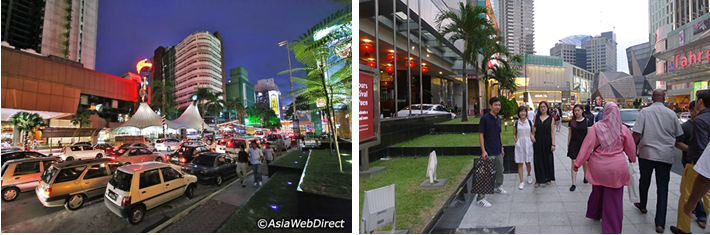 Jalang Bunkit Bintang: dày đặc ô tô trước đây và tháng 2/2018: xén đường ô tô để mở rộng vỉa hè làm đường đi bộ 
