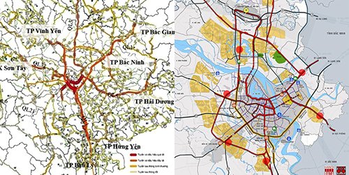 Bản đồ các tuyến đường bộ quanh trung tâm Hà Nội có nguy cơ tắc nghẽn các cấp độ: kết quả đầu tư  hàng ngàn tỷ đồng/năm cho đường bộ không thành công. Đề xuất của Citysolution2018: tích hợp ĐSĐT và ĐSQG để hỗ trợ giải cứu ách tắc giao thông nội đô Hà Nội. Nguồn Hanoidata