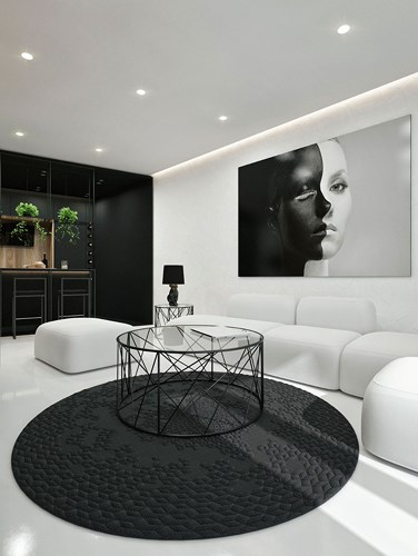 Các màu đen, trắng và xám là một sự pha trộn dễ chịu, với một tấm thảm dệt bằng tay mang lại yếu tố thẩm mỹ, cây xanh tạo thêm sức sống cho căn phòng và cuối cùng ghế sofa màu trắng là một nơi thích hợp để thư giãn