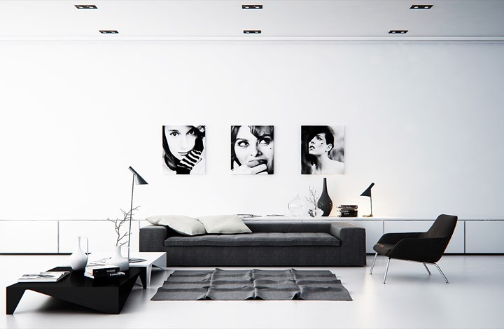 Các bức tường trắng, đồ nội thất màu đen/xám tạo nên sự tương phản đẹp và hợp lý