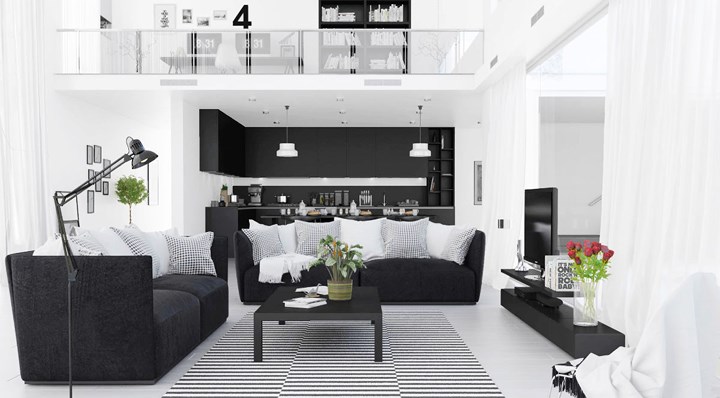 Kiến trúc phòng khách chia thành hai phần, màu đen xuất hiện trước làm nền để làm nổi bật màu trắng của nội thất bên trên