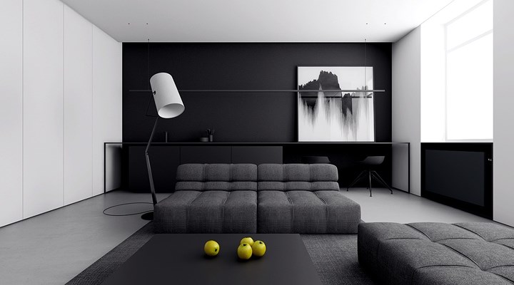 Phòng khách mang phong cách tối giản với hai màu sắc cơ bản là trắng và đen
