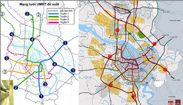 Sơ đồ mạng lưới UMRT trong tài liệu HAIDEP công bố 2006: các tuyến đường sắt số 1,2,3 thực hiện cho đến năm 2018 cơ bản theo sơ đồ này; Tích hợp ĐSĐT với ĐSQG Citysolution đề xuất 2018 - Nguồn: Hanoidata