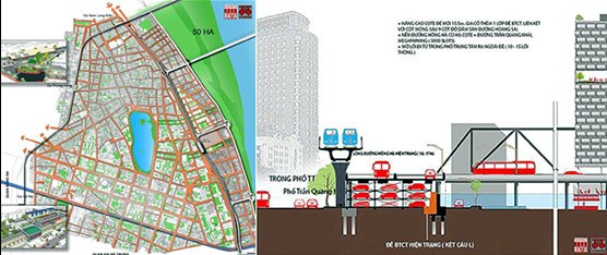 Tuyến ĐSĐT số 1 tích hợp đồng trục với ĐSQG, tuyến số 2 trên cao và tuyến 3 đi ngầm dưới phố Trần Hưng Đạo do Citysolution đề xuất 2018 - Nguồn: Hanoidata