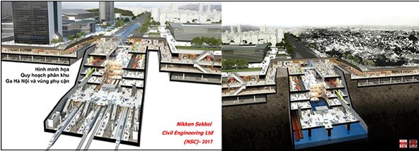 Phương án Ga Hà Nội ngầm do Nikken Sekkei đề xuất 2017 và ĐSĐT ngầm kết hợp không gian thương mại, hạ tầng kỹ thuật bãi đỗ xe, kênh ngầm thoát nước,... do Citysolution đề xuất 2018 - Nguồn: Hanoidata