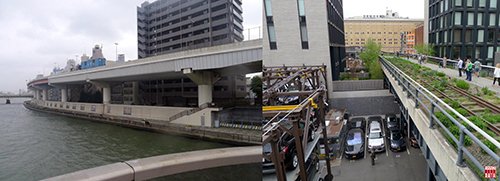 Đường trên cao bên sông tại Tokyo: sát sông là con đê bê tông, phía sau đê là bãi đỗ xe dưới gầm cầu (2010); Parking 5 tầng bên dưới và bên cạnh tuyến đường sắt đô thị đã hoán cải thành công viên trên cao tại New York (2018).