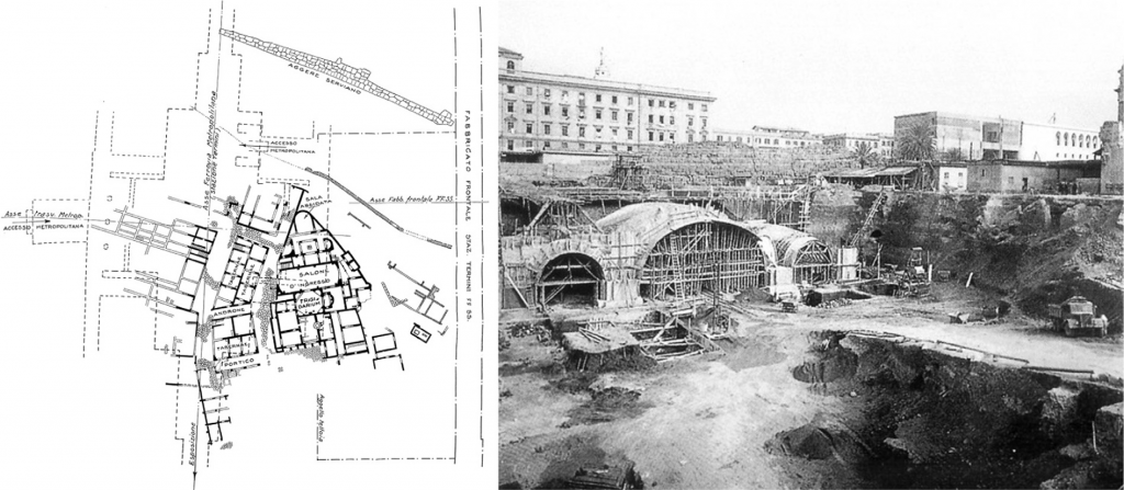 Hình 2: Mặt bằng nhà ga Termini, hệ thống tàu điện ngầm đã quét qua 1 phần khu vực khảo cổ giá trị (trái), Ảnh công trường xây dựng phía sau tường thành Servius (Nguồn: PERONE)