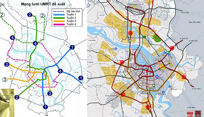 Hình 3: Sơ đồ mạng lưới ĐSĐT trong tài liệu HAIDEP công bố 2006: các tuyến đường sắt số 1, 2, 3 thực hiện cho đến năm 2018 cơ bản theo sơ đồ này; Phương án do Citysolution đề xuất tích hợp ĐSĐT với ĐSQG, đi ngầm qua sông Hồng, tiếp cận các khu đô thị phát triển mạnh Bắc sông Hồng 