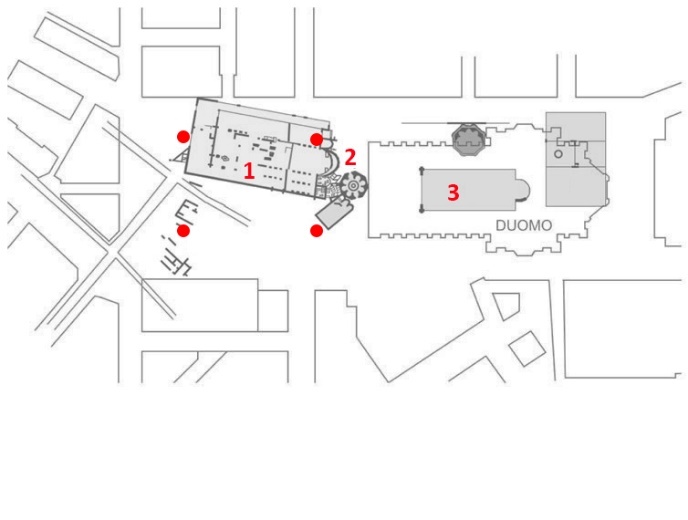 Hình 6: Mặt bằng khảo cổ khu vực nhà thờ lớn Milan 1.Vị trí nhà nguyện San Tecla 2.Vị trí nhà rửa tội San Giovanni 3.	Quần thể nhà thờ lớn Milan • (Chấm đỏ): vị trí các cổng lên từ ga tàu điện ngầm Duomo 