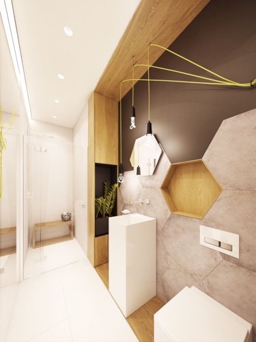 Phòng tắm dành cho khách như một spa tự nhiên với cây xanh và đá ốp tường hình tổ ong