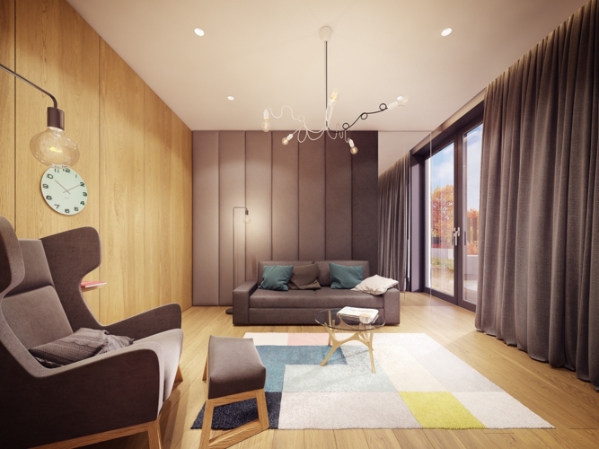 Phòng khách có một không gian ấm áp nhờ chọn nội thất bằng gỗ, bức tường kính được hỗ trợ bằng tấm rèm cửa lớn, thảm trải sàn nhiều màu sắc tăng thêm cảm giác sinh động cho không gian