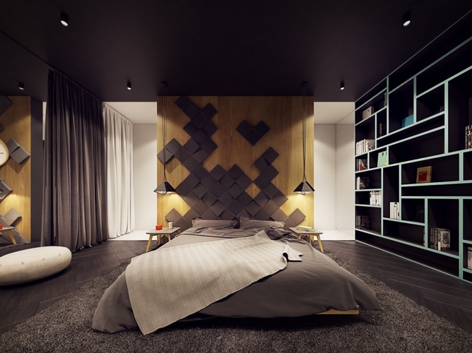 Chủ đề của ngôi nhà được thể hiện đầy đủ trong không gian phòng ngủ, bức tường ốp gỗ hình 3D phá vỡ sự nhàm chán cho căn phòng