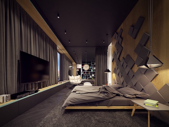 Chủ đề của ngôi nhà được thể hiện đầy đủ trong không gian phòng ngủ, bức tường ốp gỗ hình 3D phá vỡ sự nhàm chán cho căn phòng