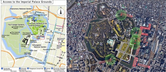 Tài liệu hướng dẫn du lịch của Nhật Bản cho biết, có 5 cửa lên từ các ga ngầm, đến cổng gần nhất 250m (lối ra 1A dẫn đến cổng Ote-mon).