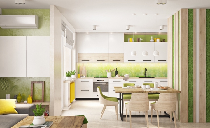 Gian nhà bếp được sơn màu xanh lá cây ở tường, tủ và ghế ăn..