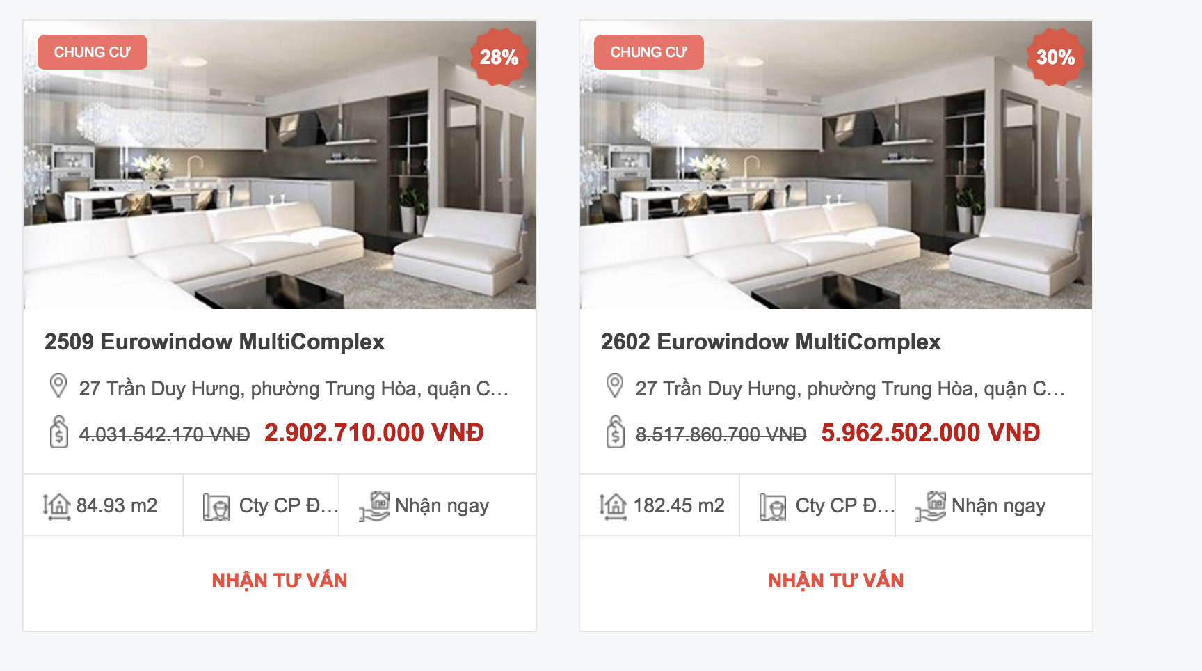Dự án Eurowindow Multicomplex Trần Duy Hưng được quảng cáo là giảm 28-30% giá trị căn hộ trên website RedFriday. (Ảnh chụp màn hình khi diễn ra Tuần lễ vàng bất động sản Red Friday)