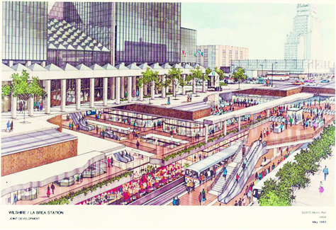 Mặt cắt mô tả dự án trung tâm dịch vụ, thương mại bán lẻ kết hợp  trong nhà ga xe điện ngầm Wilshire/La Brea - Nam Califonia (Mỹ) (Nguồn: http://metroprimaryresources.info)