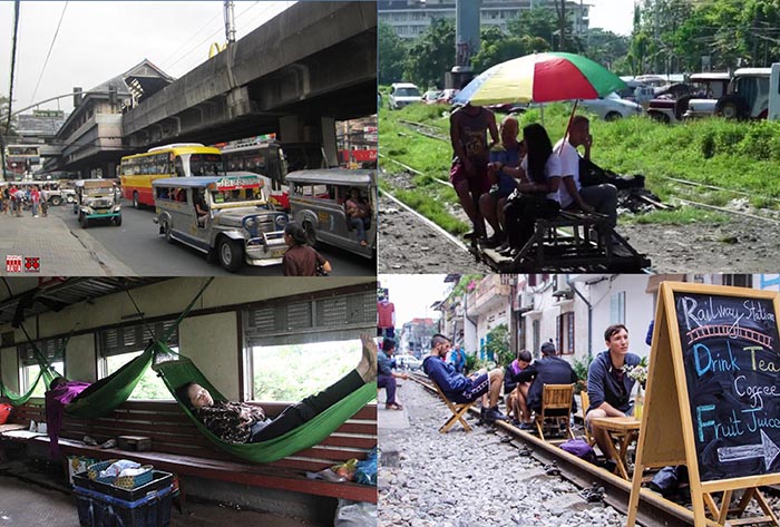 Hình 1: Đường sắt nhẹ trên cao LRT tại Manila ; Tàu liên tỉnh vắng vẻ để Tàu tự chế tung hoành. Tại Việt Nam trong khi giao thông đô thị tắc nghẽ thì đường sắt liên tỉnh cũng quạnh hưu, thâm chí có thể thảnh thơi nhâm nhi café trên đường tàu vắng vẻ đi vào ga Hà Nội 