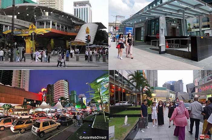 Hình 2: Khu phố trung tâm Kualalumpur (Bunkit Bintang): ga Monorail khánh thành 2003; Lối xuống Ga tàu điện ngầm không người lái, khánh thành 2017. Đường phố Bunkit Bintang trước năm 2000 dày đặc ô tô, năm 2018 sau khi ĐSĐT (ngầm và nổi) hoạt động: thu hẹp đường ô tô, mở rộng vỉa hè cho người đi bộ