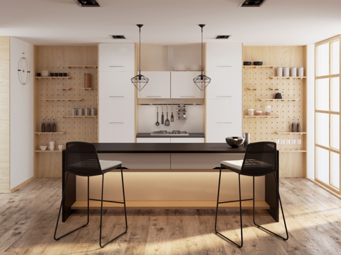 Tủ bếp được có thiết kế liền khối, nhiều giá để vật dụng giống như một quầy bar