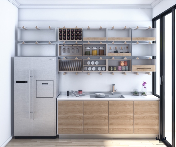 Tủ bếp có vân gỗ màu vàng tự nhiên kết với mới màu trắng sẽ khiến cho không gian nhà bếp trở nên sạch sẽ, sáng sủa hơn