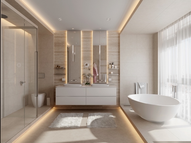 Phòng tắm hiện đại lấy sáng đầy đủ từ đèn và cửa kính