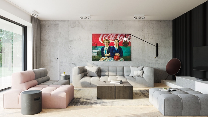 Tường bằng bê tông mang đến một cái nhìn hơi cổ điển cho phòng khách đối lập với nội thất hiện đại xung quanh