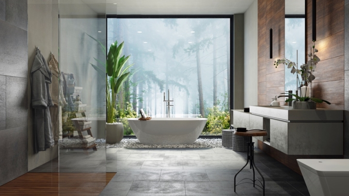 Bức tranh treo tường giúp không gian phòng tắm thêm sâu và thu hút, ánh sáng từ trần phòng tắm cung cấp năng lượng để cây trong phòng phát triển