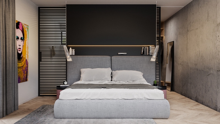 Trong phòng ngủ chính, giường ngủ và thảm trải sàn có cùng màu xám giống với màu sắc tường