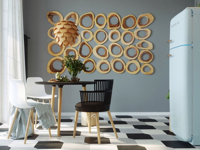 Thân cây bằng gỗ sắp xếp khéo léo tạo thành tác phẩm nghệ thuật tuyệt đẹp dành cho phòng ăn