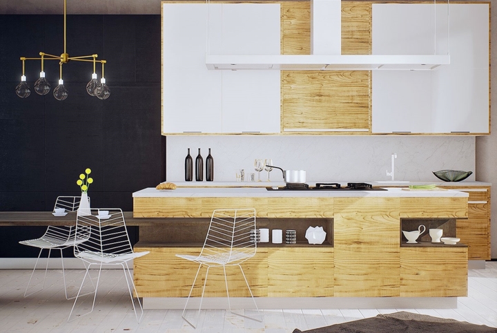 Vân gỗ màu vàng góp phần làm nổi bật cho tủ bếp trên nền gạch màu trắng