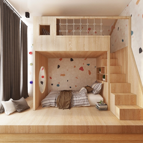 Phòng ngủ trẻ em làm bằng gỗ sáng an toàn và phù hợp với sở thích của trẻ