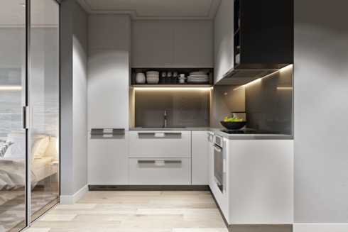 Một trong những kiểu tủ bếp thường thấy nhất trong các căn hộ chung cư chính là tủ bếp chữ L, tủ có hình dáng nhỏ gọn ôm sát tường nên không tốn diện tích