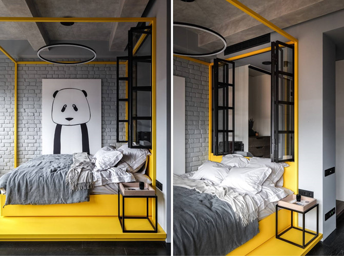 Không có phòng riêng nên giường ngủ được thiết kế đặc biệt trong khung với hình dáng và màu sắc cá tính