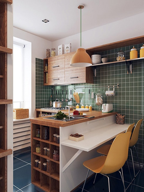 Với những không gian nhà bếp nhỏ hẹp thì nội thất đa chức năng chính là lựa chọn hoàn hảo. Chiếc bàn nhỏ xinh này có tới 4 chức năng, vừa là tủ để đồ, vừa làm bàn bar giúp không gian bếp sống động, vừa làm bàn để sơ chế thức ăn, khi cần lại có thể biến thành bàn ăn tiện lợi.
