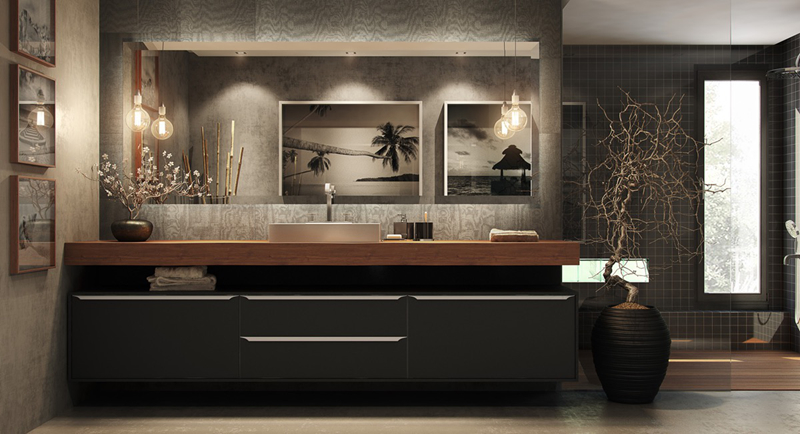 Tủ trang điểm màu đen kết hợp với một mặt bàn bằng gỗ, tranh phong cảnh là điểm cộng tiếp theo khiến phòng tắm trở thành tác phẩm nghệ thuật hoàn hảo