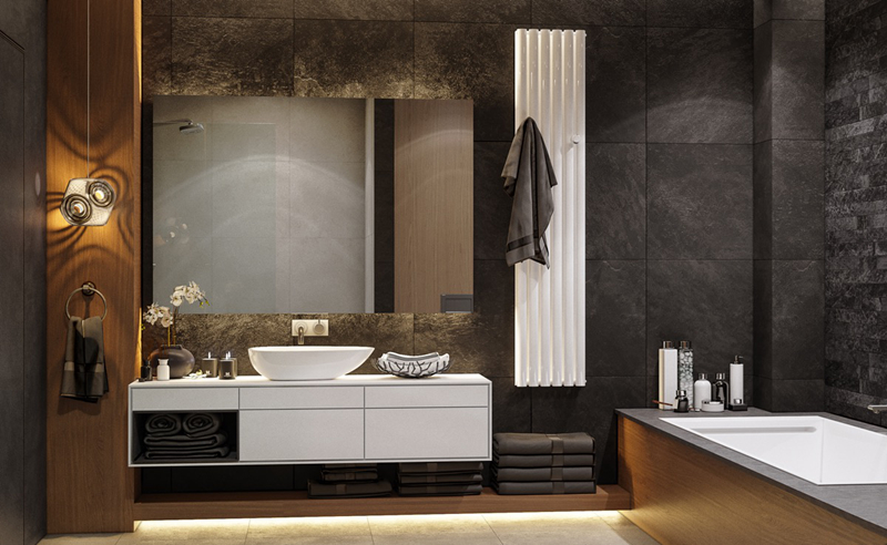 Màu trắng, xám, nâu gỗ và đèn mang đến một phòng tắm hiện đại, phong cách