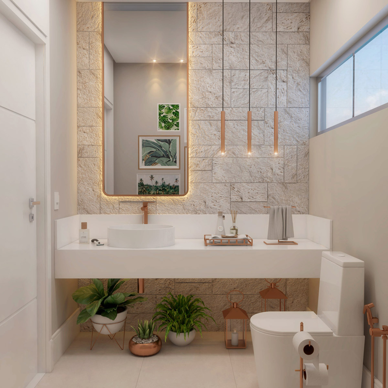 Tạo hình một khu vườn nhiệt đới xinh xắn bên trong phòng tắm kết hợp cùng các loại đèn cổ điển khiến căn phòng vừa hiện đại lại pha lẫn nét ấm cúng, gần gũi
