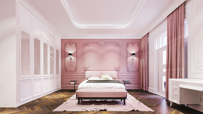Dưới ánh đèn vàng, không gian lãng mạn, sang trọng phủ khắp căn phòng. Những chiếc tủ màu hồng và trắng mang phong cách truyền thống và hiện đại đã tô điểm hơn cho căn phòng