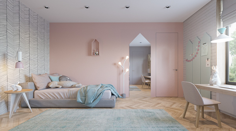 Bức tường màu hồng đã tổ góp phần làm nổi bật cho phòng ngủ của trẻ