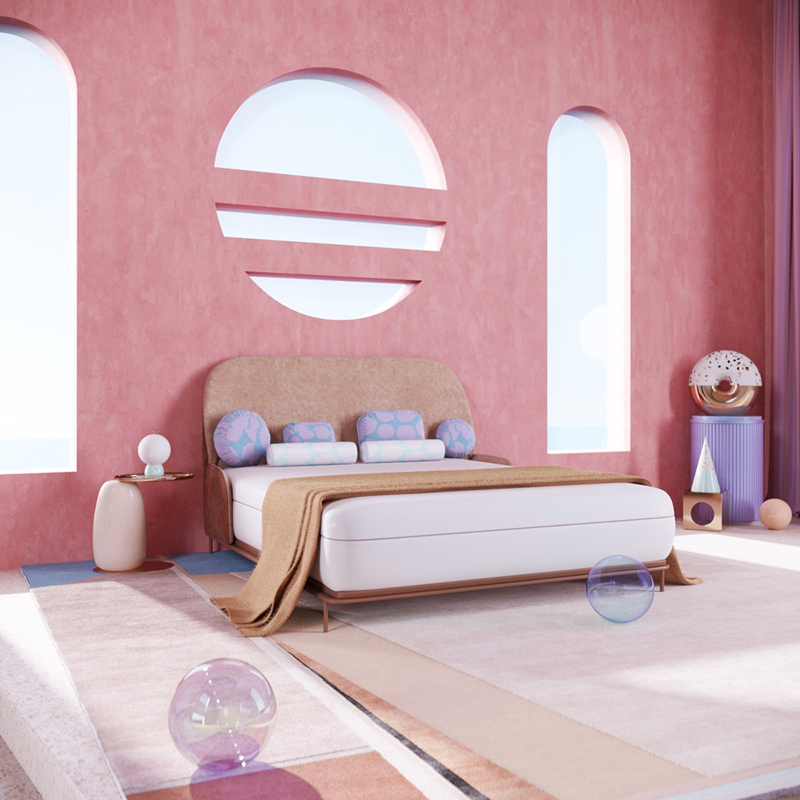 Căn phòng mang phong cách hiện đại vì tường nhà màu hồng có hình đồ họa