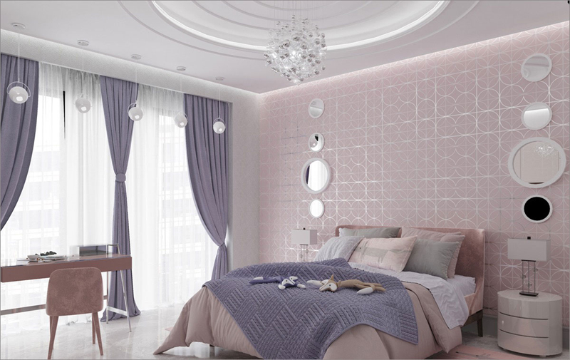 Những chiếc gương tròn và đèn sáng tỏa ra từ trần nhà và cửa ra vào đã tạo nên không gian lãng mạn, sang trọng cho căn phòng