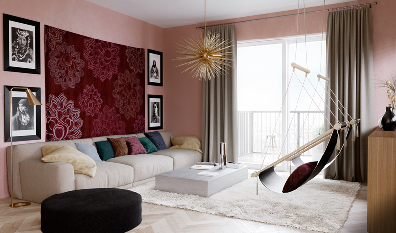 Bức thảm màu hồng có hoa trắng đã tô điểm và làm cho cả căn phòng sáng sủa hơn