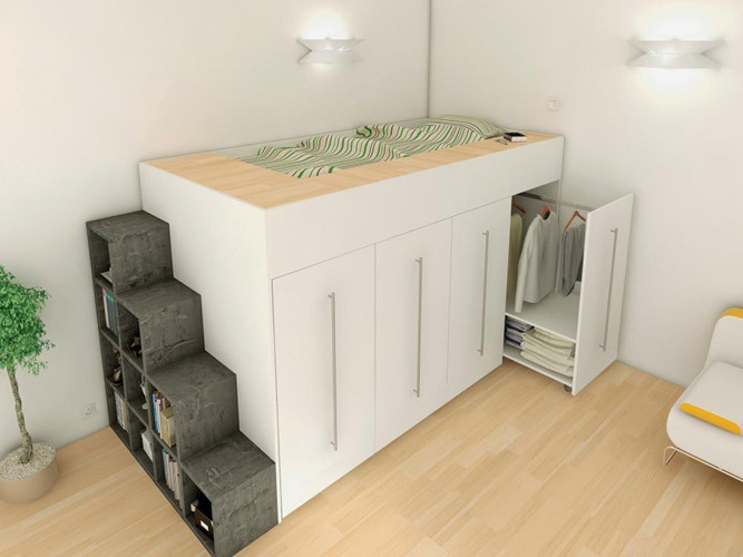 Giường ngủ được thiết kế lõm sâu đảm bảo an toàn cho người dùng. Trong khi đó, phía dưới và bậc thang tận dụng làm nơi lưu trữ đồ tiện dụng. Ảnh: Mauthietkenoithat.