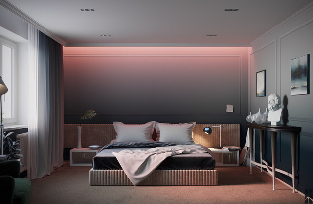 Chiếc giường thấp phù hợp với bầu không khí yên tĩnh trong phòng
